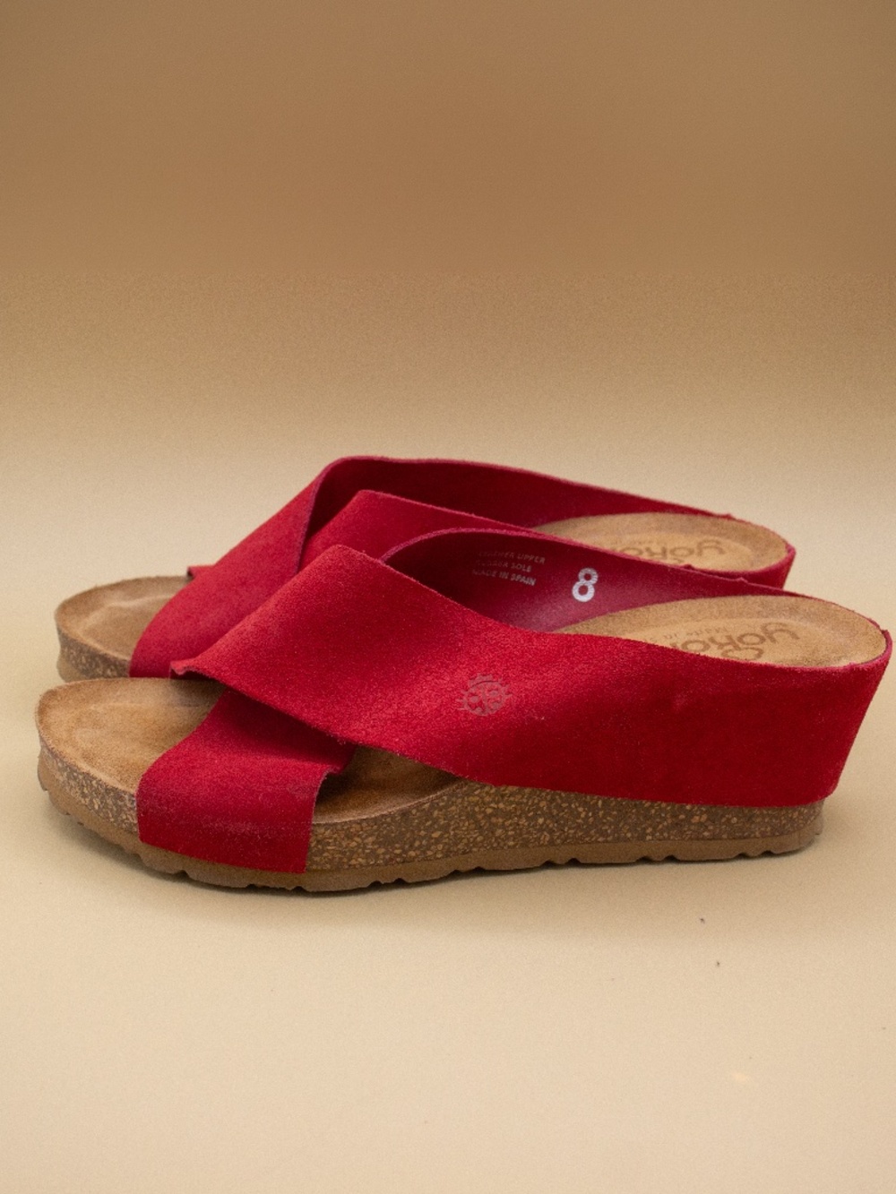 Yokono Candela Red Suede Criss Cross Cork Wedge Slip on Sandals Women's Size 8